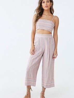 Wide leg striped linen blend pants culottes